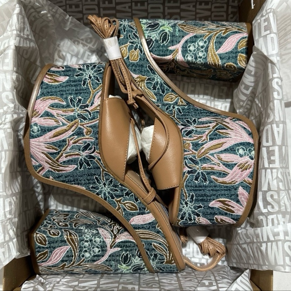 Steve Madden Anika Tan Leather Chunky Embroidered Platform Lace Up Heels Summer